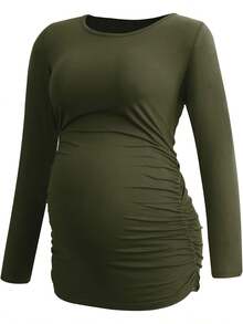 Womens Maternity Long Sleeve Tshirt Classic Side Ruched Tee Top Mama Pregnancy Clothes - xanh quân đội - Xem 3
