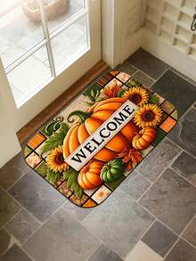 Welcome Mat - Non-Slip, Machine Washable Plush Polyester Doormat - Autumn Harvest Pumpkin And Sunflower Design, Suitable For Entryway, Kitchen, Living Room, Thanksgiving, Graduation Decor - Rectangular Indoor Floor Mat Kitchen Rug