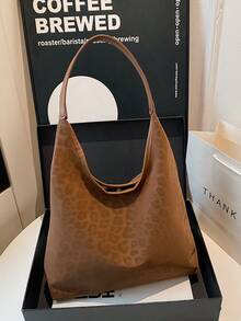 豹纹大容量复古2025秋冬新款单肩手提水桶包，通勤风格 - 棕色 - 查看 7