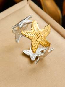 1 Fashionable And Simple Gold And Silver Dual Color Stainless Steel Multi-Element Bow, Starfish Flower, Shell Pattern, Open Mouth Women's Ring