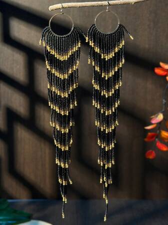 AHAYA Bohemian Black & Gold Ombre Extra Long Tassel Dangle Shoulder-Sweeping Women's Earrings, Handmade Beaded Geometric Metal Hoop Glass Bead Earrings, Elegant & Jewelry Suitable For Daily Wear, Parties, Halloween, Carnival
