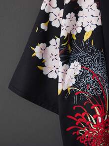 Japanese Retro Loose 3/4 Sleeve Cat Samurai & Cherry Blossom Print Kimono Cover Up, Summer Beach Vacation Coverup Robe Yukata Lightweight Jacket