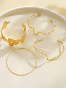 4pcs Vintage Elegant Bohemian Floral & Geometric Design Metal Bangle Bracelet Set, Suitable For Daily Wear - Gold - View 6