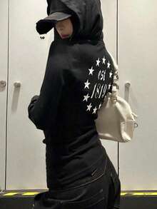 新款秋季女式简约美式朋克风格长袖连帽 T 恤，哥特式轻薄休闲短款上衣