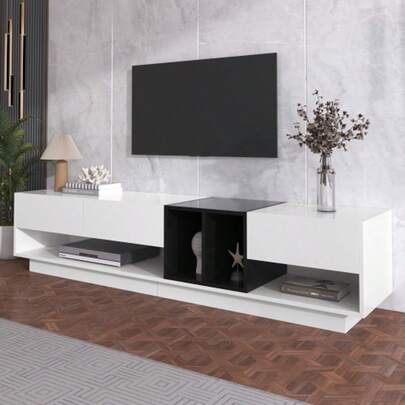 TV Cabinet/Lowboard, Combination In High-Gloss White And Black. Color-Blocking Design, Drawers, Compartments, Multiple Storage Spaces.