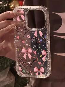 Étui de téléphone à motif de nœud papillon rose luxueux et de branche, avec protection complète, compatible avec 17 ProMax, 17 Pro, 17, Air, 17, 16, 15, 14, 13, 12, 11 Pro Max Plus, protection de l'objectif avec strass, coque arrière souple et protectrice, idéal comme cadeau pour les filles - Transparent - Voir 4