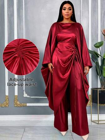 AOMEI Plus Size Women's African-Inspired Satin Two Pieces Set With Draped Top & Wide-Leg Pants, Adjustable Lace-Up Waist - Ideal For African Weddings, Cultural Festivals, Evening Galas, Formal Celebrations & Traditional Events Red Outfit For New Year's Eve