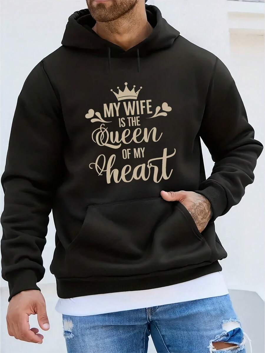 Mon épouse est ma reine dans mon cœur' Impression de lettres sweat-shirt à capuche décontracté à carreaux à manches longues pour homme pour l'automne et l'hiver - Noir - Voir 1