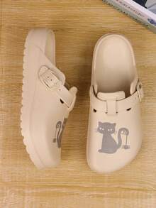 Women's Fashion Flat Mule Clogs - Cat Print With Adjustable Strap Design, Black Cat Pattern Slip-On Shoes, Suitable For Beach, Garden, Semi-Formal Outdoor Occasions - Casual & Professional Wear All Season - Comfortable Round Toe Summer Style, Vibrant Cat Pattern, Breathable & Durable EVA Material, Designed For Women - Khaki - View 7