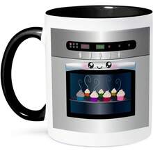 3dRose taza_58309_4 "Linda kawaii feliz sonriente horno lleno de cupcakes horneados - para chefs, amantes de la comida y fanáticos de la cocina" Taza negra de dos tonos, 11 oz, Multicolor - Multicolor - Ver 1