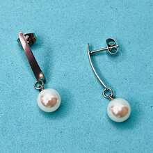 Women's Set: Earrings, Necklace, Pearl Pendant, Bar Jewelry, Stainless Steel, Hypoallergenic. - Bạc - Xem 6