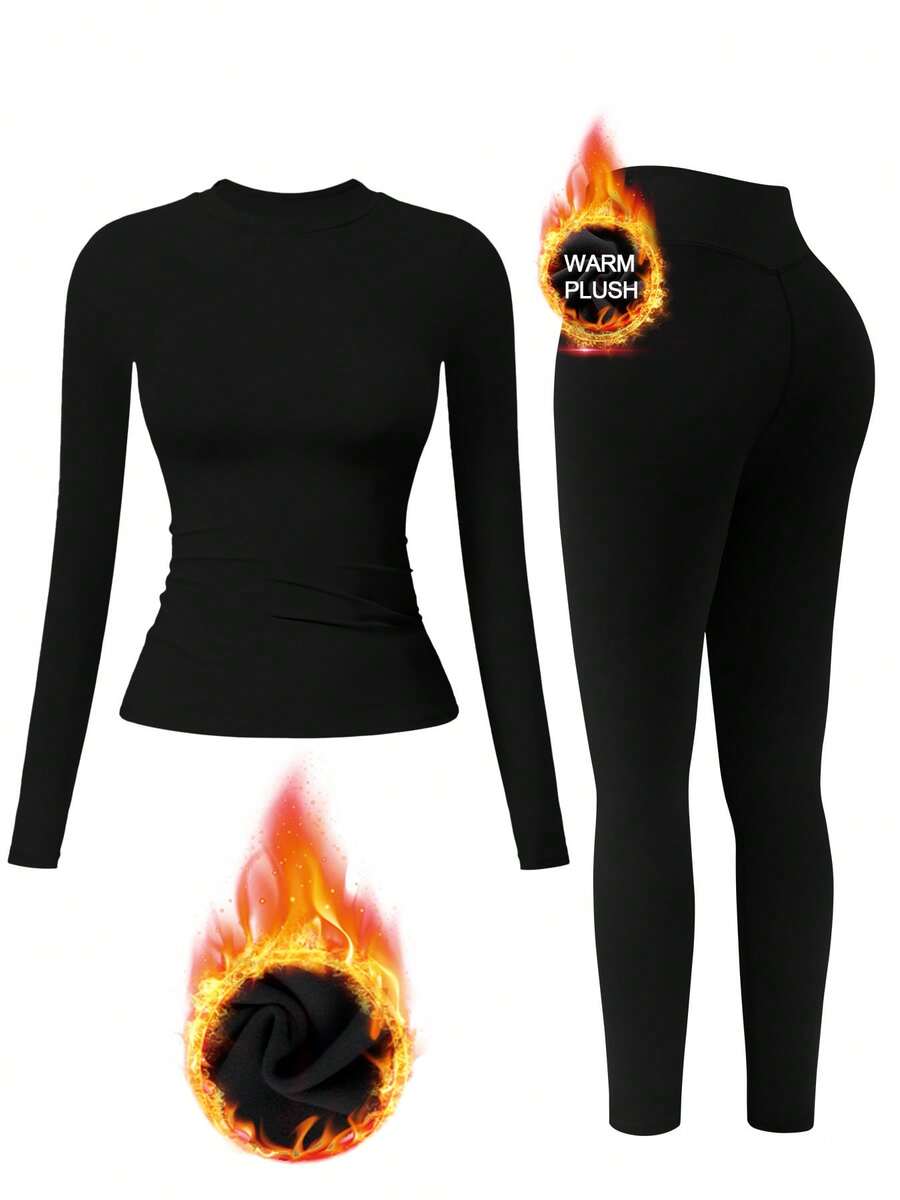1 Set Women Elastic Crew Neck Tight Fit Thermal Lined Long Sleeve Top And Pants Sportswear Set - Black - View 1