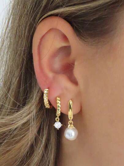 Nooxian 3件套休闲度假风珍珠镶嵌闪亮锆石耳环套装，适合女性休闲度假佩戴