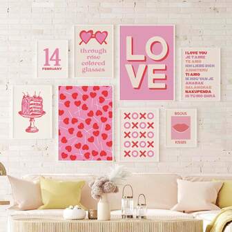 Juego de 10 impresiones de pared para el Día de San Valentín, carteles de arte digital lindos en rosa y rojo, arte de pared festivo para decoración de habitación, impresiones estéticas románticas con corazones para decoración de dormitorio, decoración moderna para sala de estar, conjunto de arte de pared para regalo de pareja