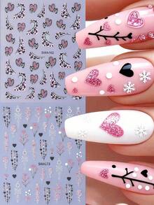 2 Sheets 3D Valentine's Day Sweet Romantic Heart & Floral Nail Art Stickers - Pink Glitter Hearts, Leopard - Print Hearts, Delicate Rose, Snowflakes & Heart - Themed Patterns Design Nail Art Decals For Women DIY Nail Decoration - Pink - View 1
