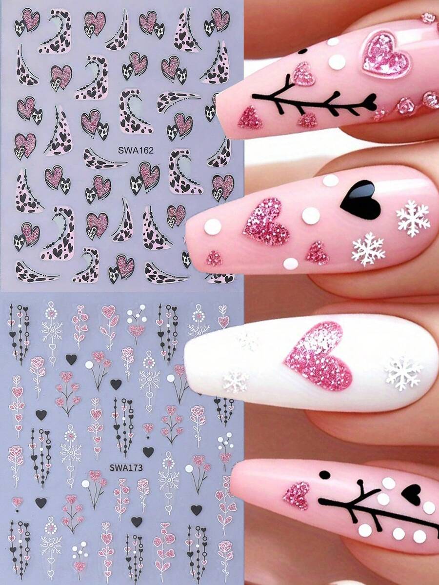 2 Sheets 3D Valentine's Day Sweet Romantic Heart & Floral Nail Art Stickers - Pink Glitter Hearts, Leopard - Print Hearts, Delicate Rose, Snowflakes & Heart - Themed Patterns Design Nail Art Decals For Women DIY Nail Decoration - Pink - View 1