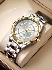 1pc Men's Business Quartz Wrist Watch, Round Roman Numeral Dial, Classic Design (Watch Only, No Box) - Gold - View 3