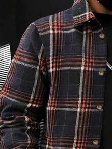 Herren Polyester Schottenkaro Muster Knopfleiste Lässig Langarmhemd, geeignet für Herbst/Winter, Straße, Büro, Urlaubsoutfit