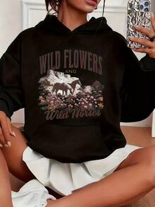 Wild Flowers And Wild Horses Graphic Hoodie For Women Nature Inspired Animal Print Sweatshirt Casual Outdoor Wear Autumn Winter Top, It Is The Best Choice For Gifts To Give To Friends And Relatives During Major Holidays Such As Christmas. - 黑色 - 查看 1