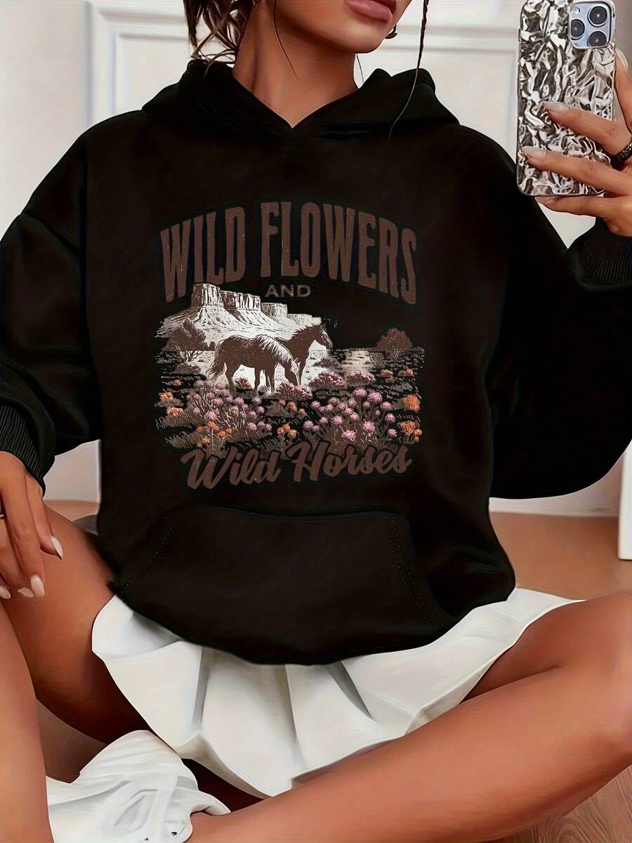Wild Flowers And Wild Horses Graphic Hoodie For Women Nature Inspired Animal Print Sweatshirt Casual Outdoor Wear Autumn Winter Top, It Is The Best Choice For Gifts To Give To Friends And Relatives During Major Holidays Such As Christmas. - 黑色 - 查看 1