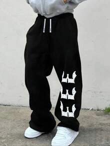 Plus Size Loose Fit Black Sweatpants For Men, Drawstring Design, Comfortable & Versatile - Black - View 1