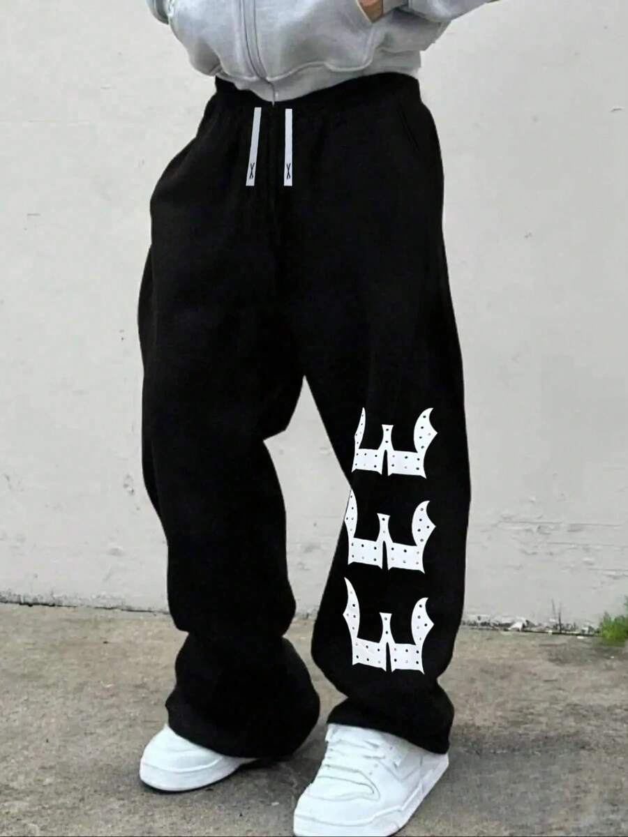 Plus Size Loose Fit Black Sweatpants For Men, Drawstring Design, Comfortable & Versatile - Black - View 1