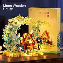 1 Set Holzhaus Bauklötze mit Mond und Blume, realistische Holzblumen- und Mondblöcke, DIY Montage, Sammlerstück, Stressabbau Spielzeug, Heim-/Bürodekoration, Erwachsenen Bauklötze, Hochzeits-/Feiertags-/Geburtstagsgeschenk - Mondhaus - Übersicht 2