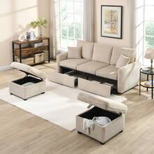 Multifunctional Corner Sofa, U-Shaped Three-Seater Upholstered Sofa With Storage Function – Including Drawers And Ottoman With Storage Compartment, Modular Sofa Set With Sleeping Function, Corduroy Fabric - 米色 - 查看 9