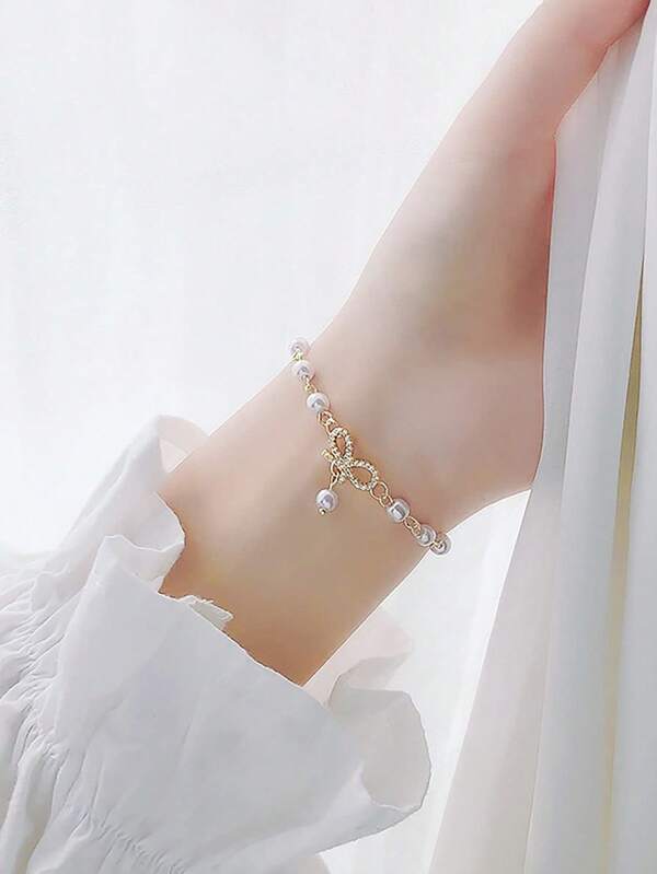 1Pc Elegant Rhinestone Inlaid Bow Pearl Beaded Bracelet,Women Jewelry For Daily Wear,Zinc Alloy & Faux Pearl Accessories