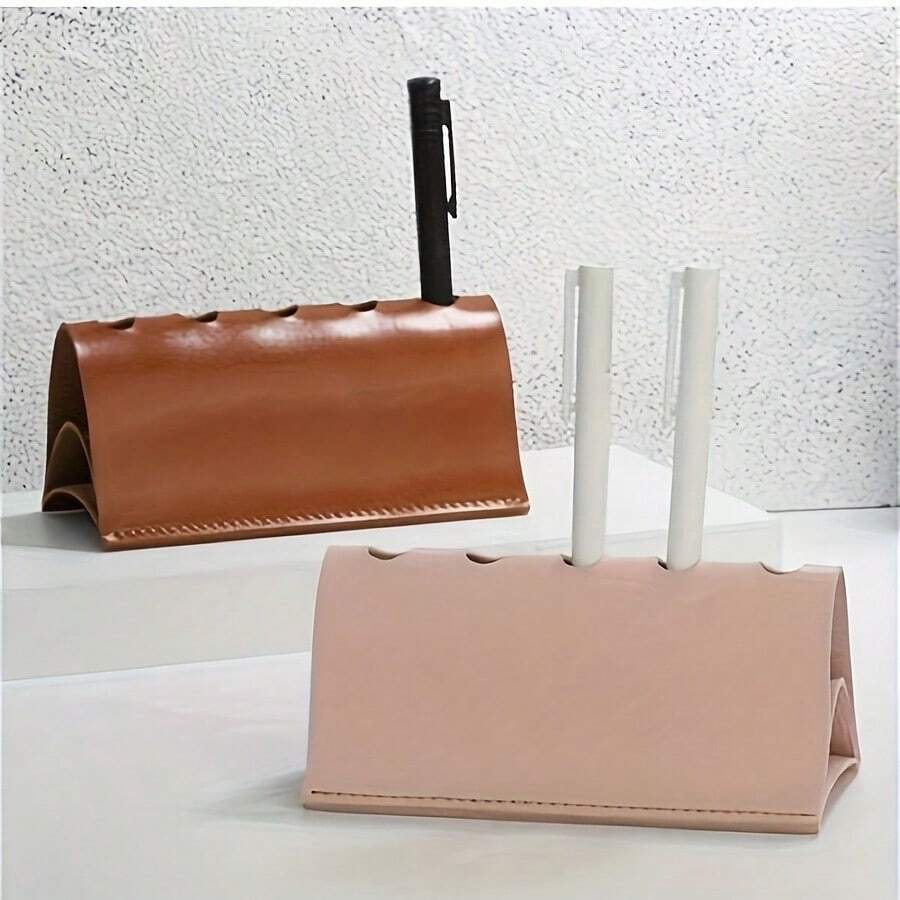 Creative PU Leather 3D Hollow Pen Holder Desk Organizer, Fashionable Leather Pen Cup For Office Supplies - Multicolor - View 1