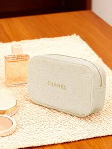 CHANEL Materiel Christmas Beige Fabric Makeup Pouch With Gold Embroidered Logo, Zippered Travel Cosmetic Bag - Platinum - View 4
