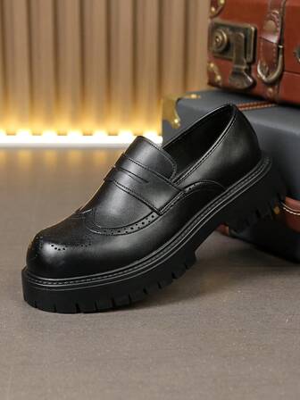 All-Season Vintage Brogue Carved Slip-On Loafers, Thick Sole Elevator Casual Shoes