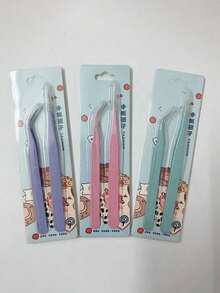 2pcs/Set Stainless Steel Tweezers Set (Straight & Curved), Includes Eyelash Tweezers, Tweezer Stickers And Paper Tape Clips, Multi-Functional Set For Stationery, DIY Scrapbooking, Albums, School Supplies, Macaron Crafts, Cooking, Stickers, Albums, Eyelashes, Jewelry Making, Models And More. - Multicolor - View 1