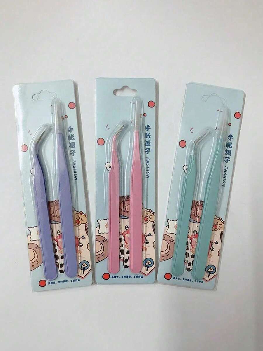 2pcs/Set Stainless Steel Tweezers Set (Straight & Curved), Includes Eyelash Tweezers, Tweezer Stickers And Paper Tape Clips, Multi-Functional Set For Stationery, DIY Scrapbooking, Albums, School Supplies, Macaron Crafts, Cooking, Stickers, Albums, Eyelashes, Jewelry Making, Models And More. - Multicolor - View 1