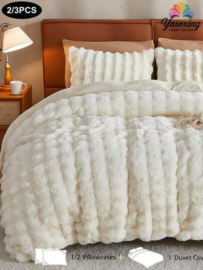 2/3 piezas Juego de Edredón de Piel de Conejo Blanco Peluche, Juego de Edredón de Piel Sintética Suave y Cálida con Cremallera, Diseño de unicolor de Lujo, Adecuado para Dormitorio y Habitación de Invitados, Fácil de Cuidar, Bajo en Alérgenos, Duradero, Se Ajusta a Cama Súper King, King, Queen, Twin, Incluye 1 Edredón y 1/2 Fundas de Almohada.