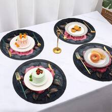 4Pcs Vintage Rose Round Placemats - 15inch Non-Slip Heat-Resistant Table Mats With Floral Design For Valentine's Day And Restaurant Decoration Black And Red Roses On Dark Blue Background Perfect For Parties And Everyday Use Party Table Accessories| Elegant Dining Table Setting| Heat-Resistant Mat - 彩色 - 查看 6