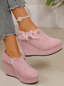 时尚厚底系带休闲鞋，新款厚底坡跟鞋，适合大码女性，春秋季穿着，尺码偏小一码