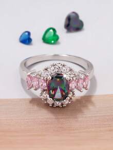 1pc Fashionable Luxury Sparkling Oval Synthetic Cubic Zirconia Ring - Jewelry For Women, Suitable For Casual Wear, Valentine's Day Gift, Special Occasions, Elegant Gift, Elegant Craftsmanship