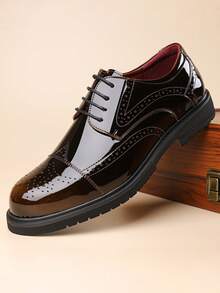 1 Pair Men's Round Toe Lace-Up PU Leather Upper Rubber Sole Durable Business Casual Shoes, For Daily Wear - Brown - View 6