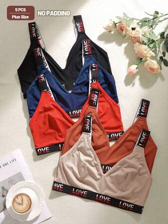 5pcs Letter Casual - Comfortable Minimalist Knit Fabric Plus Size Wireless Bras For Women, All Season
