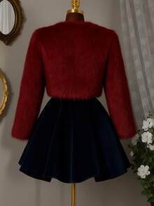 女士奢华红色人造毛皮短外套，长袖修身剪裁，优雅正式场合晚礼服 - 酒紅色 - 查看 6