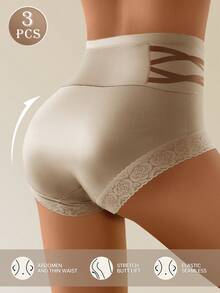 3条装女士蕾丝边印花无缝三角裤，舒适贴合，透气塑形提臀 - 彩色 - 查看 4