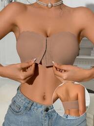 1 Peça Bustier com Fecho Frontal na Cor Marrom Mocha, de Ombro Único e Formato de Leque, com Faixa de Silicone Larga e Antiderrapante Aprimorada, Sutiã Acolchoado Confortável, Sutiã Sem Costura e Sem Arame para Mulheres