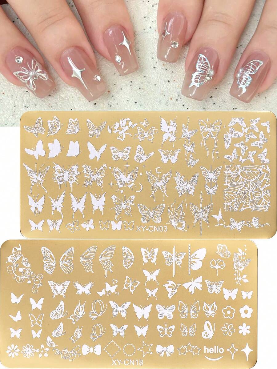 1/2件装蝴蝶美甲印花板春花金色印章美甲模板混合蝴蝶结蝴蝶线条设计美甲模板不锈钢工具美甲配件DIY沙龙美甲用品 - 金色 - 查看 1
