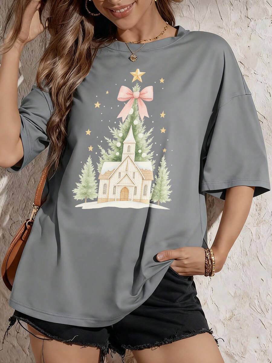 camisetas estampadas mujer playeras navideñas para mujer Camiseta Vintage para Mujer Oh Venid Adorémosle Navidad Iglesia Árbol - Manga Corta Suave y Transpirable con Cuello Redondo y Estampado de Nacimiento, Tallas S-XXL para Servicios Religiosos playeras vintage,blusas para mujerEs un gran regalo para la familia, los amigos, los novios y las novias - Gris - Ver 1