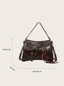 1 Bolsa de Ombro Feminina Retrô Assimétrica Decorativa, Bolsa Transversal Versátil em PU com Pingente de Acessório - Castanho - Ver 2