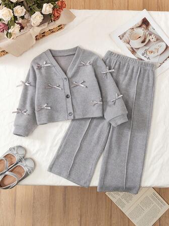 BASUSARRI 2pcs Young Girls V-Neck Bowknot Cardigan & Elastic Waist Wide Leg Pants Autumn Outfit, Comfortable Casual Homewear & Outerwear