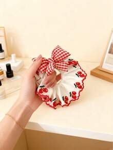 1个新款樱桃图案发圈，时尚格子蝴蝶结发带，可爱马尾辫发圈 - 彩色 - 查看 6