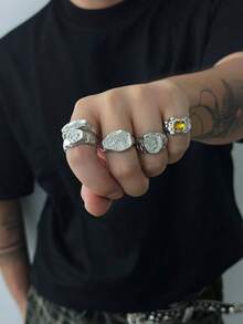 5pcs Vintage Creative Metal Gold Rings Set, Asymmetric Abstract Gemstone Rings, Punk Style Stackable Rings For Men