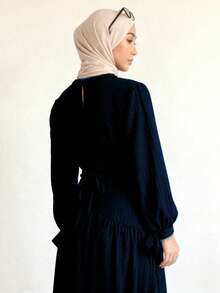 Women's Elegant Asymmetric Hem Casual Dress With Stand Collar, Tie Waist And Ruched Skirt, Suitable For All Seasons - Navy Blue - View 3